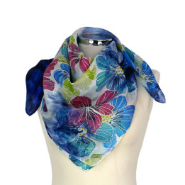 Navy Floral Hand-Painted Silk Scarf – Blue Garden