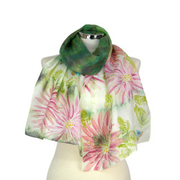 Pink Green Hand-Painted Silk Scarf – Green Garden