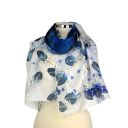 Navy Blue Hand-Painted Silk Scarf – Blue Feathers
